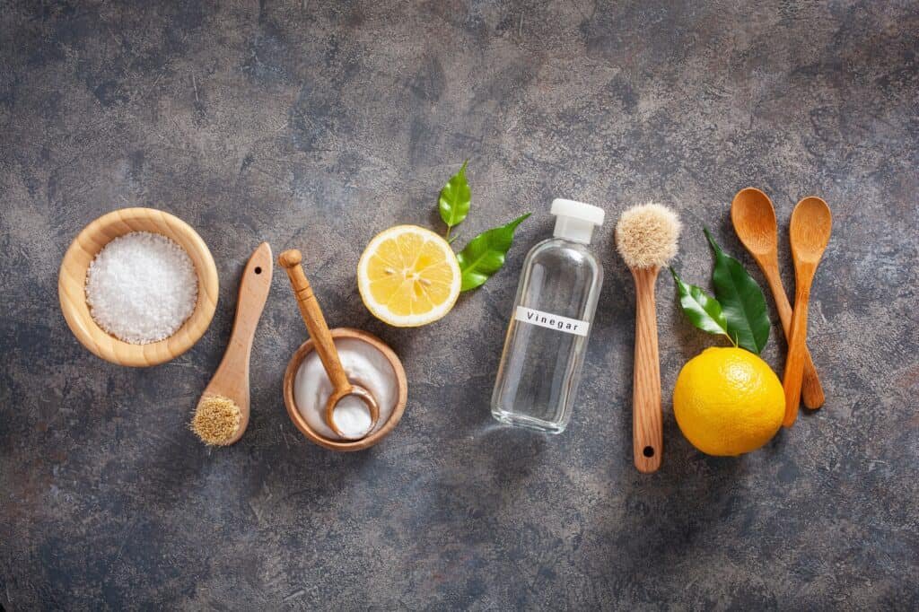 zero waste eco friendly cleaning concept. wooden brushes, lemon, baking soda, vinegar